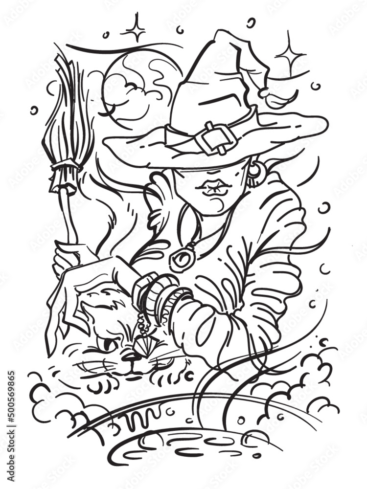 Glamorous Witch with a cat and broom. Walpurgis night. Witch potions. Graphic drawing for Halloween. Magic night. Mystical event Glamorous Witch with a cat and broom. Walpurgis night. Witch potions. Graphic drawing for Halloween. Magic night. Mystical event