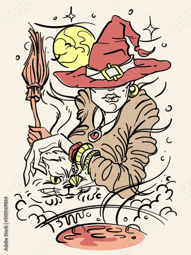 Glamorous Witch with a cat and broom. Walpurgis night. Witch potions. Graphic drawing for Halloween. Magic night. Mystical event