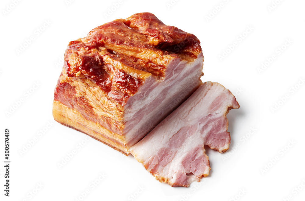 Smoked pork belly and slice isolated on white background.