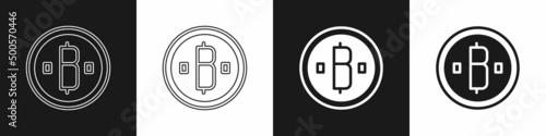 Set Cryptocurrency coin Bitcoin icon isolated on black and white background. Physical bit coin. Blockchain based secure crypto currency. Vector