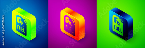 Isometric Bio fuel canister icon isolated on blue, purple and green background. Eco bio and barrel. Green environment and recycle. Square button. Vector
