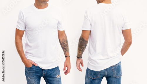 Obraz na płótnie Model wearing white men's t-shirt, mockup for your own design
