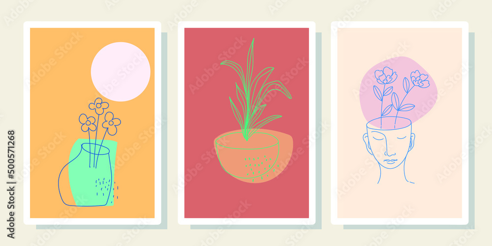 Set of abstract tropical wall arts vector illustration. Flowers,leaves,shapes,line arts, botanical background design,