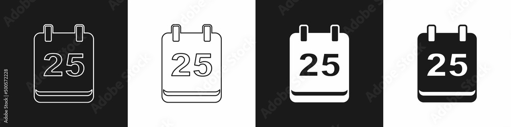 Set Christmas day calendar icon isolated on black and white background. Event reminder symbol. Merry Christmas and Happy New Year. Vector Set Christmas day calendar icon isolated on black and white background. Event reminder symbol. Merry Christmas and Happy New Year. Vector