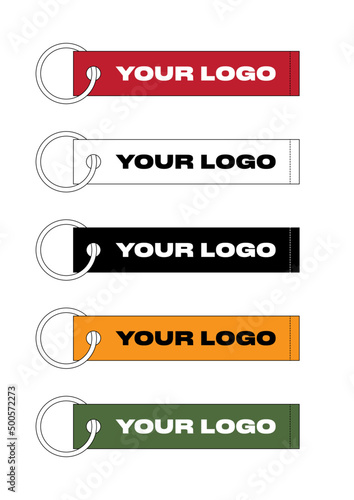 Multicolor clothing ribbon tag accessory on metal ring, technical drawing. Remove before flight garment trinket, vector template.
