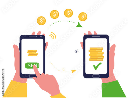Money transfer. Online payment. Send and receive money wireless with their phone. Phone with banking payment app. Capital flow, earning. Financial savings or economy. Money online on mobile phone