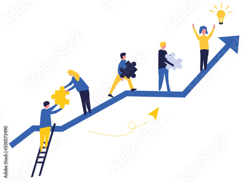 The concept of career development, teamwork, common goal. Flat cartoon illustration isolated on white background. Template for landing page, user interface, website, homepage, banner, infographic.