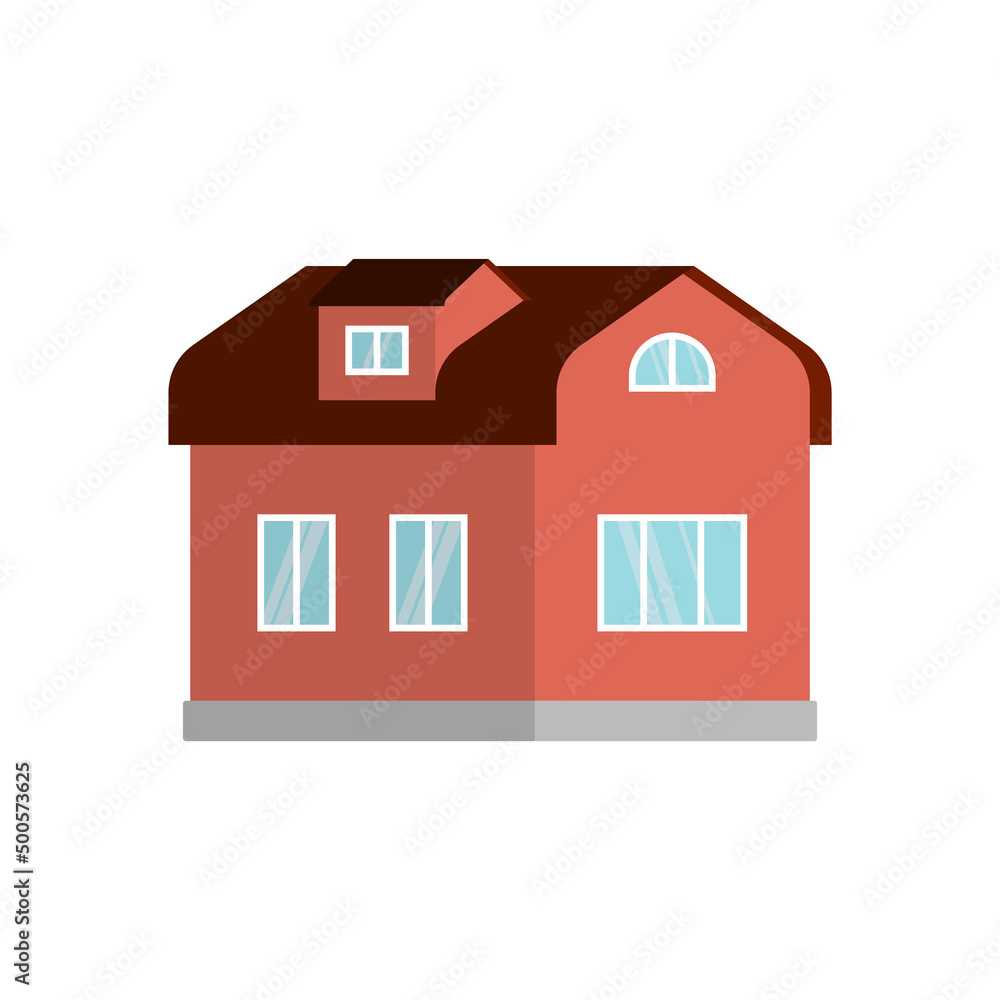 Brick house with an attic. A simple image of a house with an extension on the roof. Isolated cartoon vector on white background. Brick house with an attic. A simple image of a house with an extension on the roof. Isolated cartoon vector on white background.
