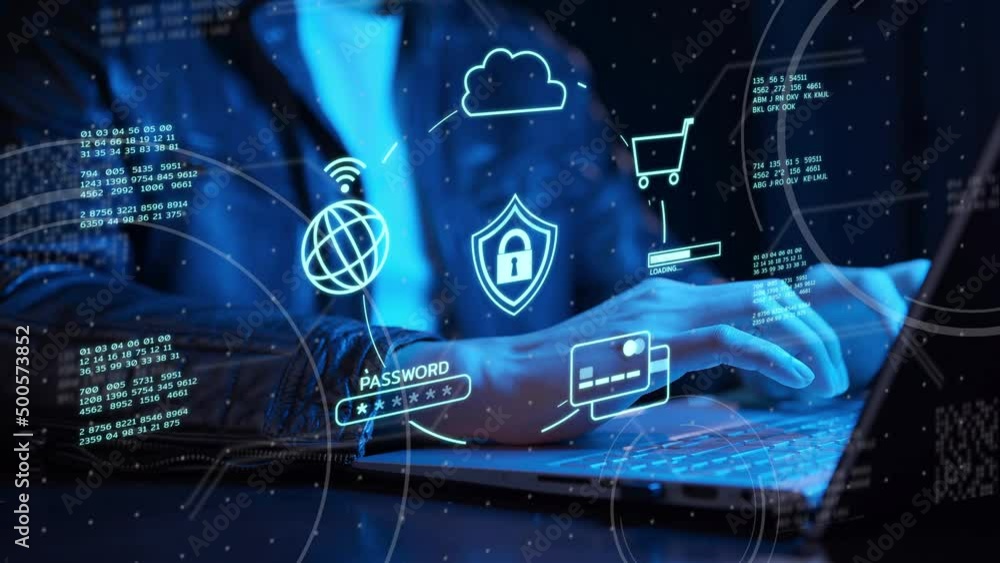 Computer programmer AI chatbot coding security platform, internet scam crypto currency investment digital wallet payment technology virus attack identity privacy hacking online shopping protect