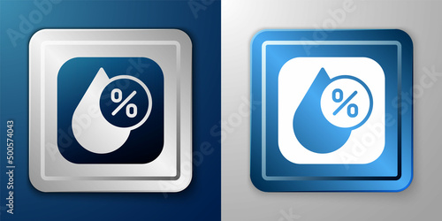 White Water drop percentage icon isolated on blue and grey background. Humidity analysis. Silver and blue square button. Vector
