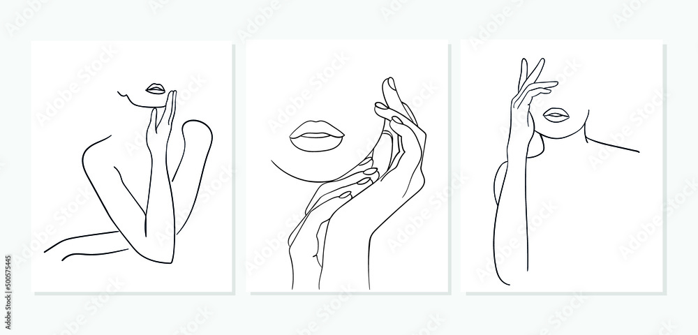 Set of Minimal line art woman with hand on face. Black Lines Drawing. - Vector illustration - obrazy, fototapety, plakaty 