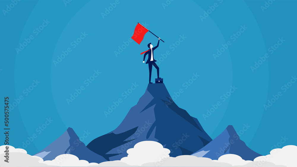 Businessman with flag on top of mountain. Success business idea. leadership - obrazy, fototapety, plakaty 