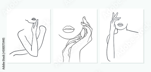 Set of Minimal line art woman with hand on face. Black Lines Drawing. - Vector illustration