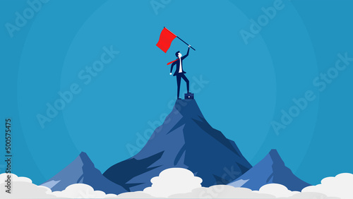 Businessman with flag on top of mountain. Success business idea. leadership