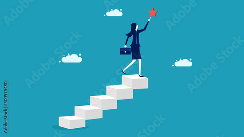 women business. successful. Hope for success in business. Climb the stairs to the top to win the star reward. vector
