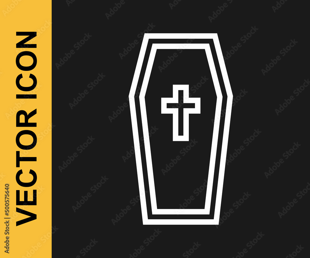Fototapeta premium White line Coffin with christian cross icon isolated on black background. Happy Halloween party. Vector