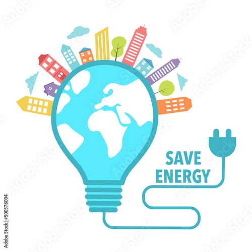 Save energy concept vector illustration on white background. Building and trees on lightbulb in flat design.