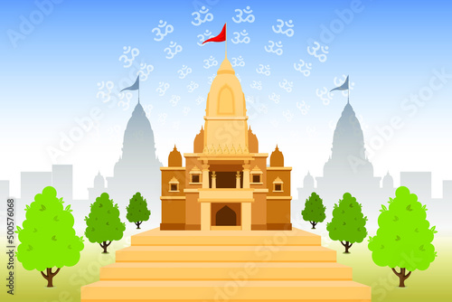 Traditional Hindu Temple with red flag isolated. North Indian style Hindu temple.