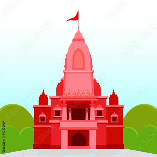 Traditional Hindu Temple with red flag isolated. North Indian style Hindu temple.
