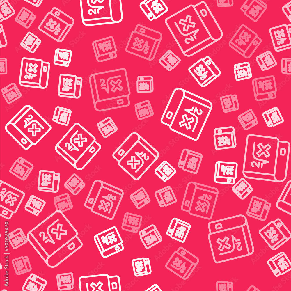 White line Book with word mathematics icon isolated seamless pattern on red background. Math book. Education concept about back to school. Vector White line Book with word mathematics icon isolated seamless pattern on red background. Math book. Education concept about back to school. Vector