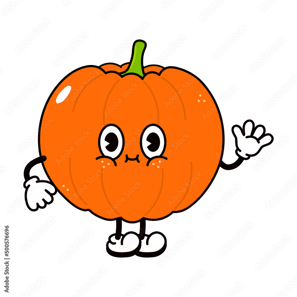 Obraz premium Cute funny pumpkin waving hand character. Vector hand drawn traditional cartoon vintage, retro, kawaii character illustration icon. Isolated on white background. Pumpkin character concept