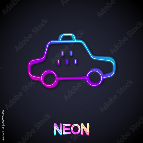 Glowing neon line Taxi car icon isolated on black background. Vector
