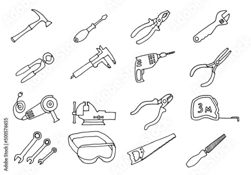 Set of tools for repair, construction in doodle style. Freehand drawing. Doodle. Hand Drawn.	