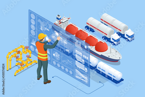 Isometric Tanker loading Liquefied Natural Gas at trading terminal. Transportation, delivery, transit of natural gas