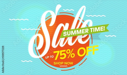 Sale banner template for summer season. Up to 75 percent price during summertime vacation. Marine background with sale badge design vector illustration