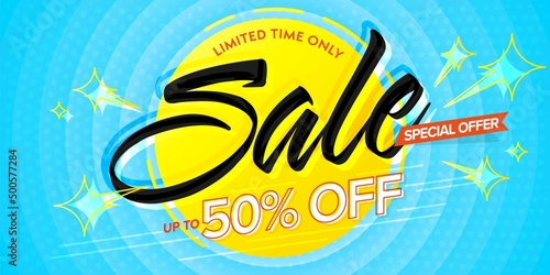 Up to 50 percent off sale summer banner design template. Poster, website header, label layout with special seasonal offer limited time vector illustration