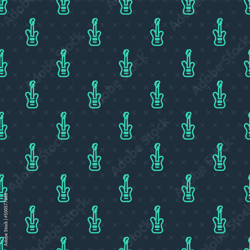 Green line Electric bass guitar icon isolated seamless pattern on blue background. Vector