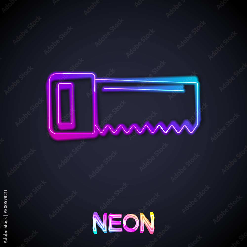 Glowing neon line Hand saw icon isolated on black background. Vector Glowing neon line Hand saw icon isolated on black background. Vector