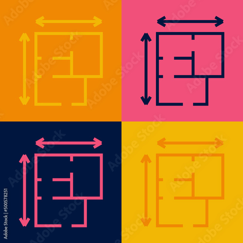 Pop art line House plan icon isolated on color background. Vector