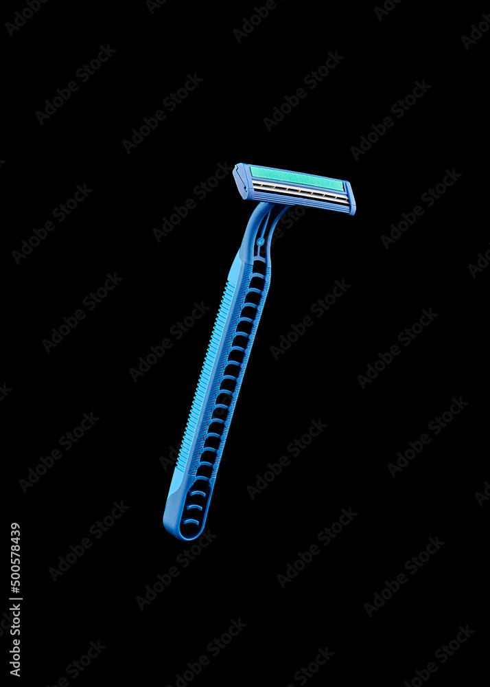 Blue disposable razor blade isolated on black background. Single use razor blade. Blue disposable razor blade isolated on black background. Single use razor blade.