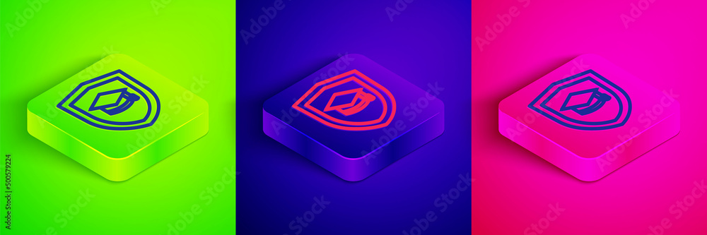 Fototapeta premium Isometric line Graduation cap with shield icon isolated on green, blue and pink background. Insurance concept. Security, safety, protection, protect concept. Square button. Vector