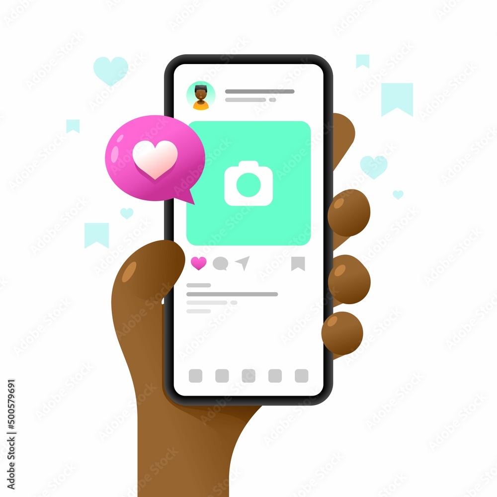 Smartphone mockup in human hand. Post in application. Vector colorful social media illustration. Instagram, Whatsapp, Skype Smartphone mockup in human hand. Post in application. Vector colorful social media illustration. Instagram, Whatsapp, Skype