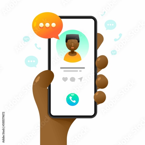Smartphone mockup in human hand. Calling to contact. Vector colorful social media illustration. Instagram, Whatsapp, Skype