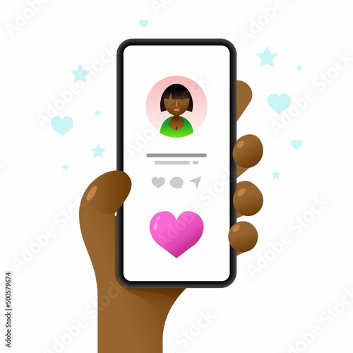 Smartphone mockup in human hand. Profile screen. Perfect love match. Vector colorful social media illustration. Instagram, Whatsapp, Skype