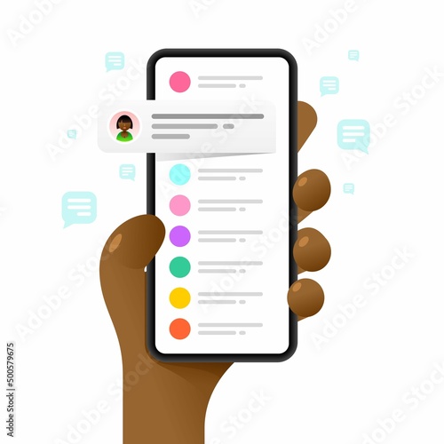 Smartphone mockup in human hand. Chat communications. Messaging. Vector colorful social media illustration. Instagram, Whatsapp, Skype