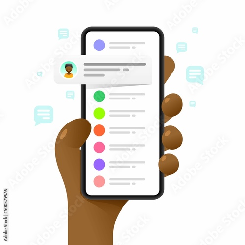 Smartphone mockup in human hand. Chat communications. Messaging. Vector colorful social media illustration. Instagram, Whatsapp, Skype