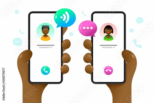 Smartphone mockup in human hand. Calls to each other. Contacting someone. Messaging. Vector colorful social media illustration. Instagram, Whatsapp, Skype