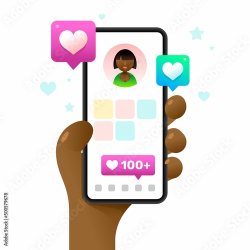 Smartphone mockup in human hand. Profile screen with a lot of likes. Vector colorful social media illustration. Instagram, Whatsapp, Skype