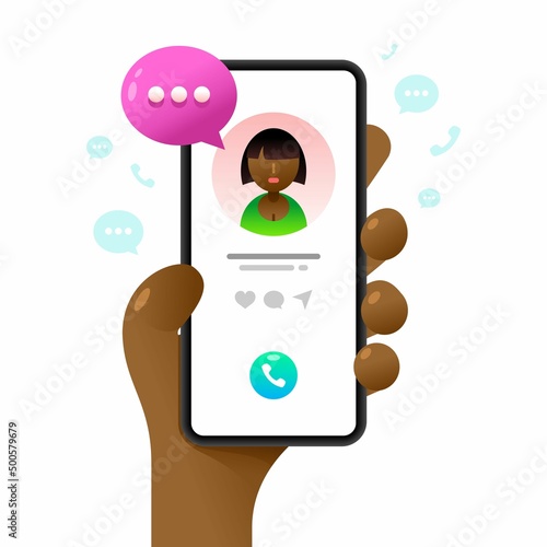 Smartphone mockup in human hand. Calling to contact. Vector colorful social media illustration. Instagram, Whatsapp, Skype