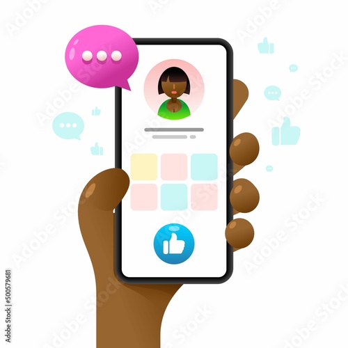 Smartphone mockup in human hand. Profile page with Like button. Vector colorful social media illustration. Instagram, Whatsapp, Skype