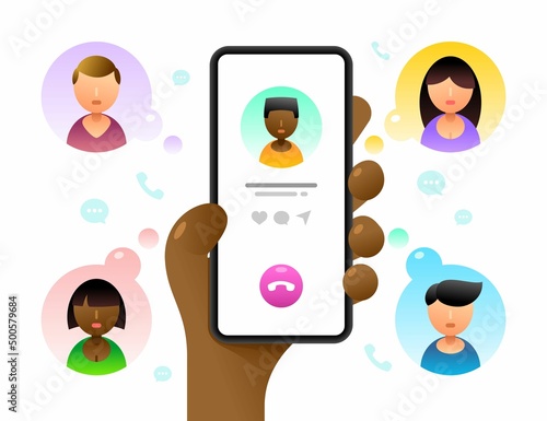 Smartphone mockup in human hand. Conference call. Calls to a lot of contatcs. Vector colorful social media illustration. Instagram, Whatsapp, Skype