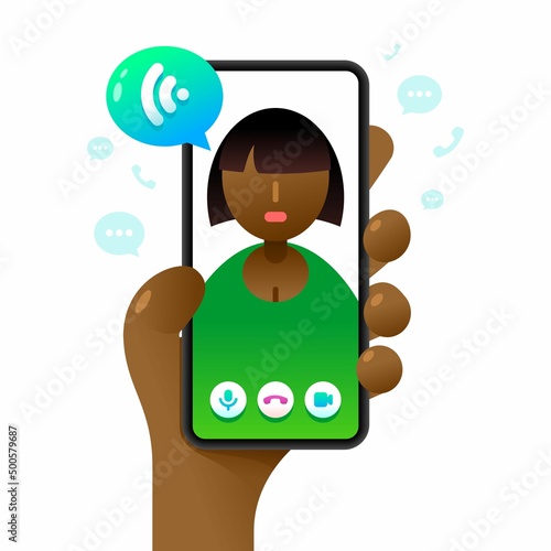 Smartphone mockup in human hand. Online voice call. Vector colorful social media illustration. Instagram, Whatsapp, Skype