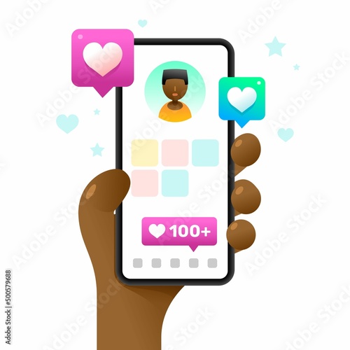 Smartphone mockup in human hand. Profile screen with a lot of likes. Vector colorful social media illustration. Instagram, Whatsapp, Skype