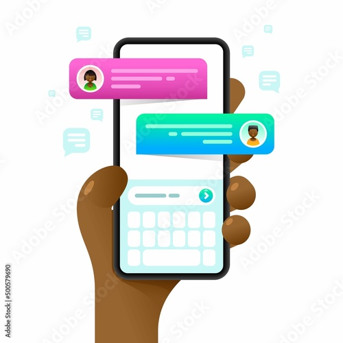 Smartphone mockup in human hand. Text messages. Messaging. Vector colorful social media illustration. Instagram, Whatsapp, Skype