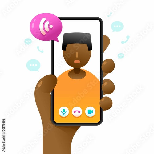 Smartphone mockup in human hand. Online voice call. Vector colorful social media illustration. Instagram, Whatsapp, Skype