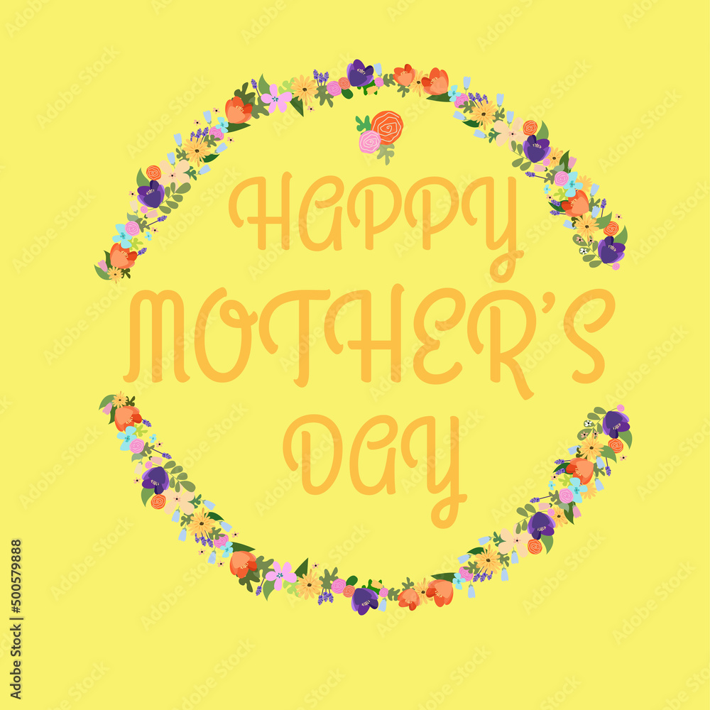 Happy Mothers day typography  floral design on yellow background.